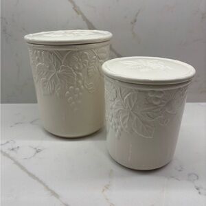 Two Vintage English Countryside Embossed Canisters with Lids Mikasa Grapes